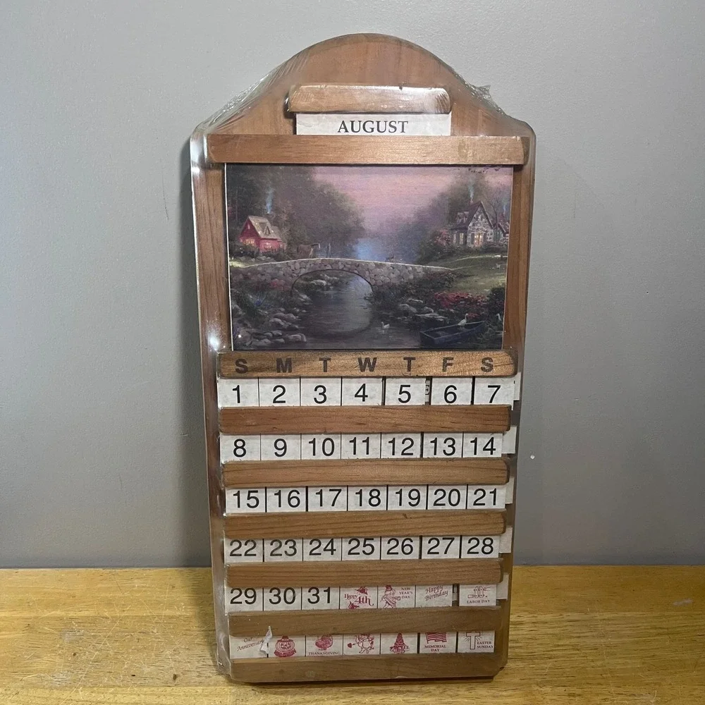 Vtg Perpetual Wooden Calendar Wall Hanging Country Cottage Landscape 22x11 New